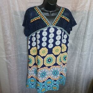 Orange Creek lace shoulder embroyered shift dress, blue, yellow,  Torquoise, M